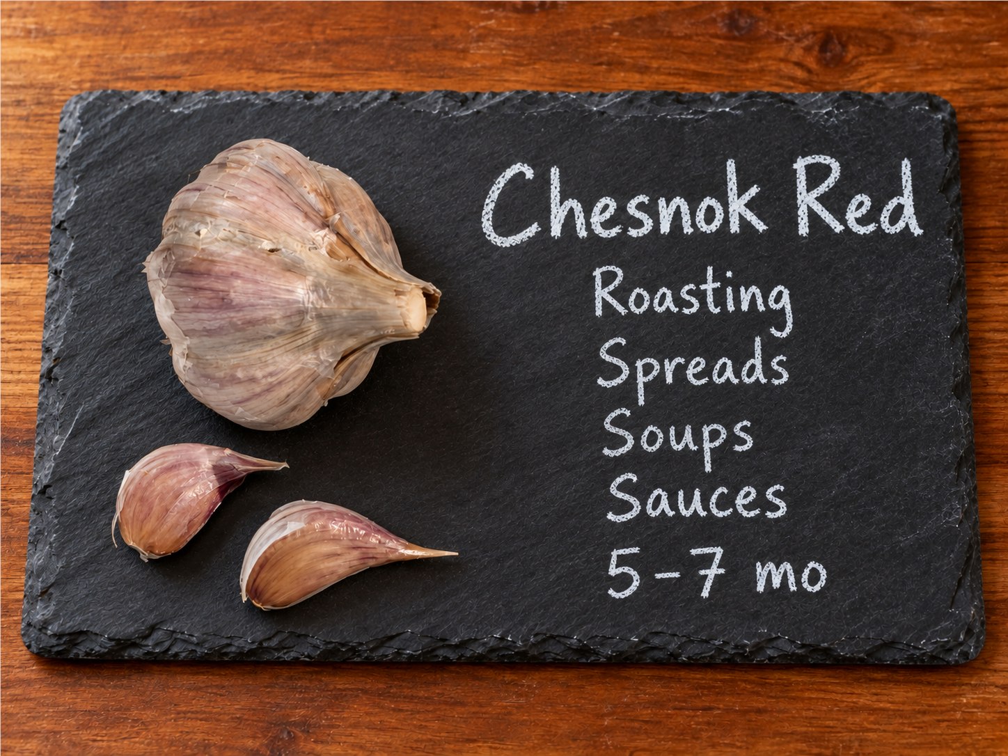Chesnok Red garlic bulb and two cloves on slate, labeled in white chalk.