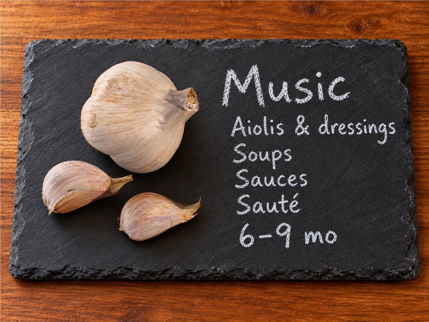 Music garlic bulb and two cloves on slate, labeled in white chalk.