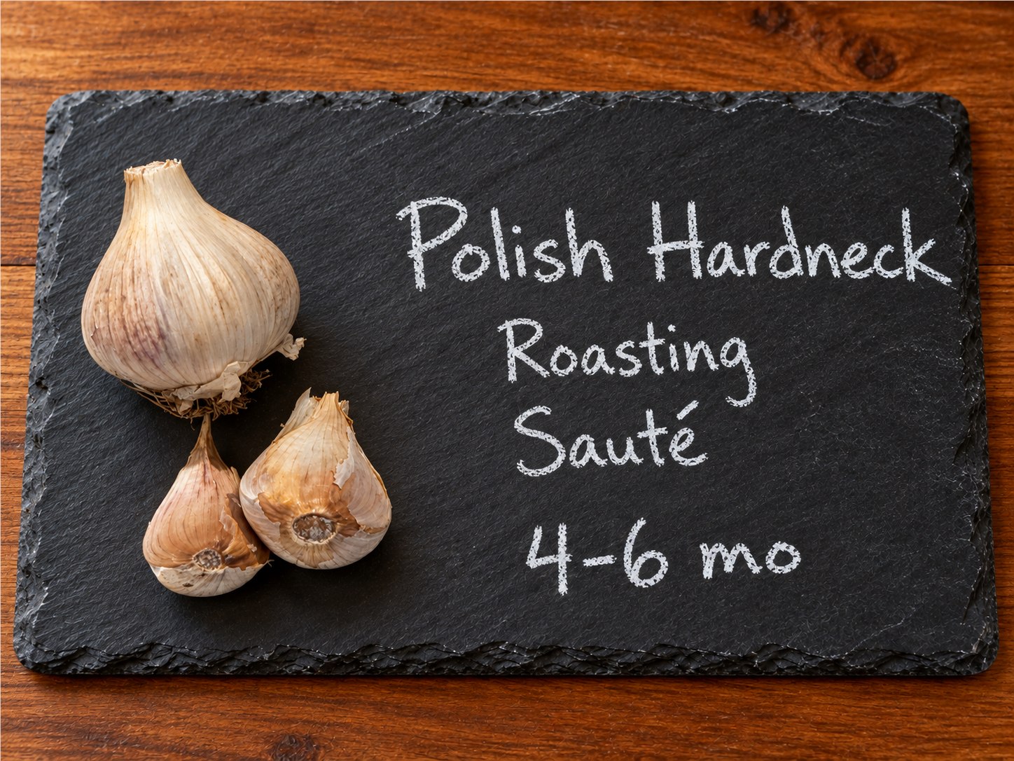 Polish Hardneck garlic bulb and two cloves on slate, labeled in white chalk.