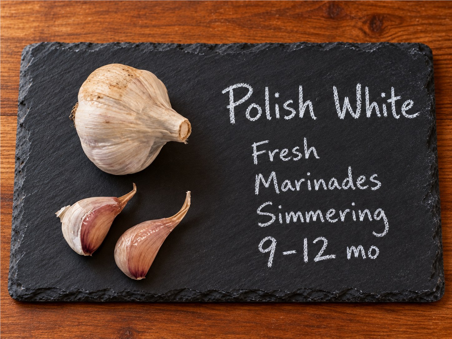 Polish White garlic bulb and two cloves on slate, labeled in white chalk.
