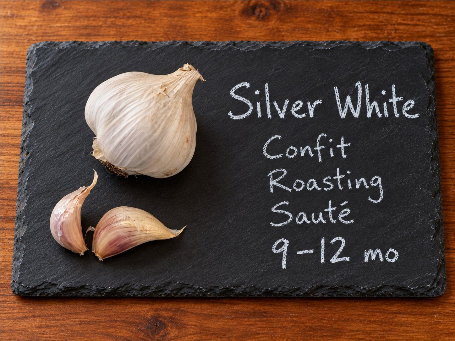 Silver White garlic bulb and two cloves on slate, labeled in white chalk.