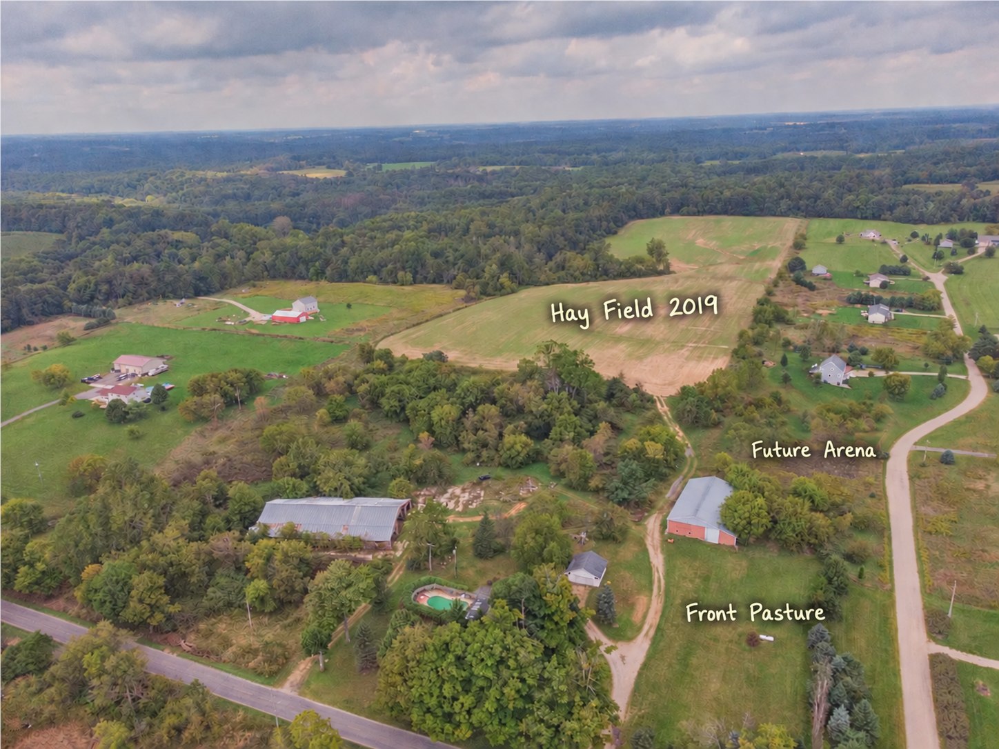 Overhead before view labeled Front Pasture, Hay Field 2019, and Future Arena behind the small barn.